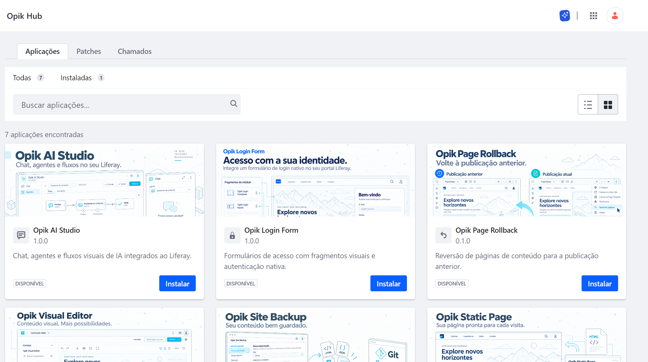 Interface do Opik Hub com aplicações, patches e chamados, busca e catálogo de módulos.